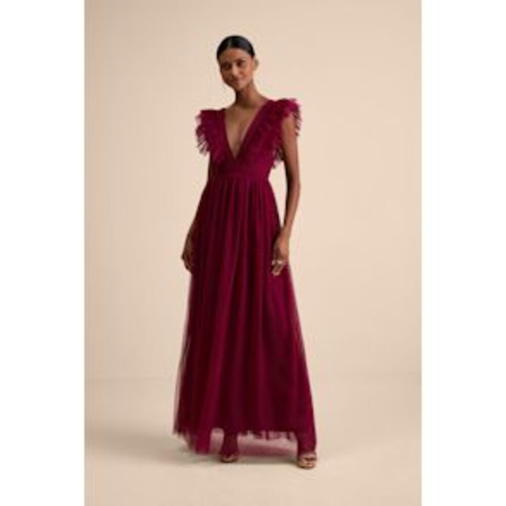 Lulu's Burgundy Tulle Maxi Dress altered to have corset back